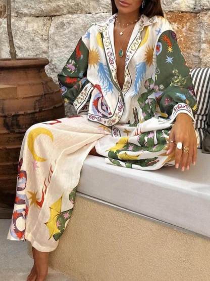 Chemise à manches longues imprimée unique et pantalon à taille élastique – Ensemble élégant